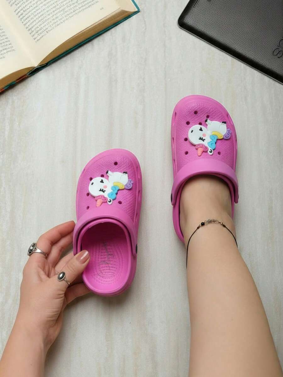 Sandalia tipo  para niña con unicornio, punta redonda, correa trasera, antideslizante, estilo casual para casa y exterior - Rosa - Ver 1