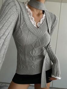 DAZY Pulover cu guler în V și imprimeu petic de dantelă toamnă/iarnă, croială slim fit, stil business casual, stil vintage, potrivit pentru Revelion, Crăciun, nuntă - Gri - Vizualizare 2