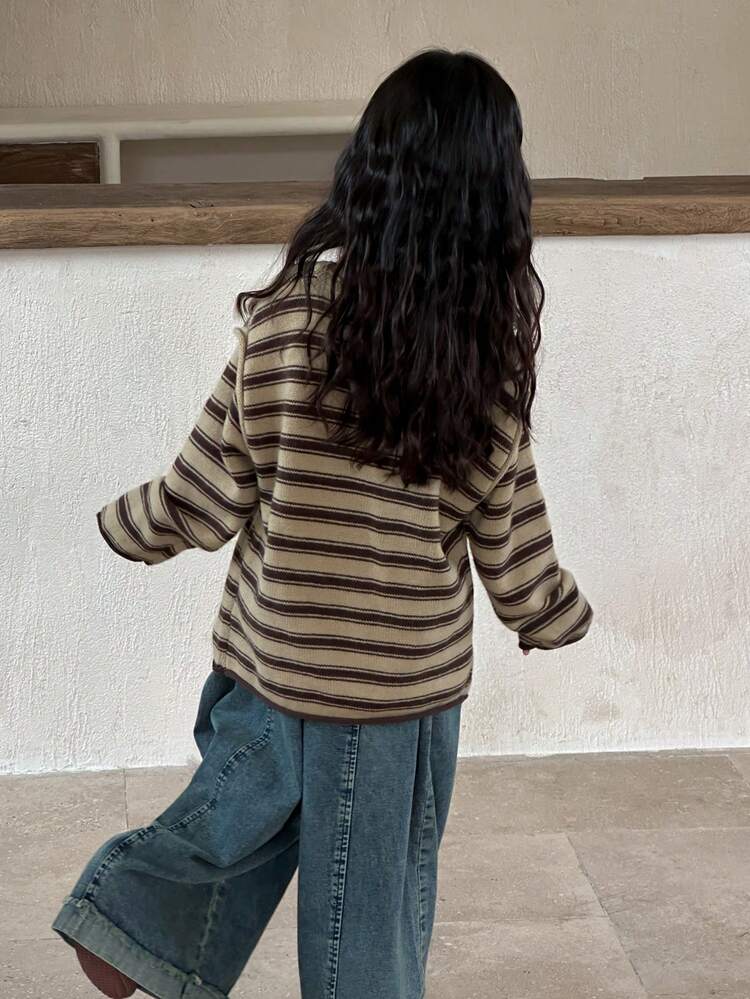 Young Girls Round Neck Casual Striped Korean Style Long Sleeve Sweater, Autumn/Winter