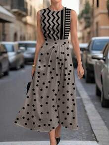 SHEIN Clasi Geometric Patchwork Polka Dot Print Sleeveless Round Neck Dress For Women, Suitable For All Seasons - Multicolor - View 1