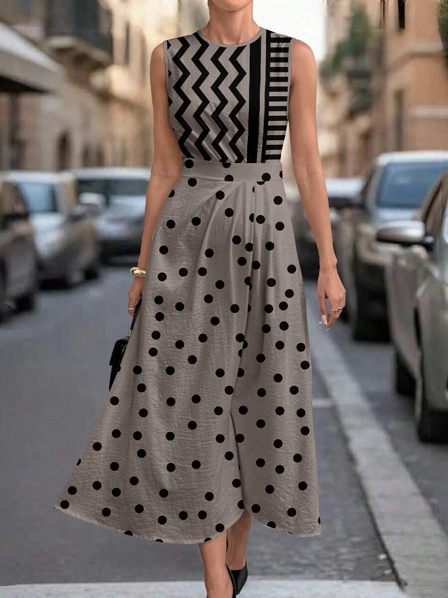 SHEIN Clasi Geometric Patchwork Polka Dot Print Sleeveless Round Neck Dress For Women, Suitable For All Seasons - Multicolor - View 1