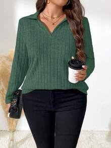 EMERY ROSE Plus Size Solid Color Ribbed Collar Long Sleeve T-Shirt, Casual Autumn Fall - Green - View 5