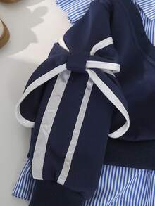 SHEIN 4-7 Years Old Girls Autumn/Winter Fashion Striped Collar V-Neck Long Sleeve Sweatshirt & Blue-White Striped Pleated Skirt 2 Piece Set - Navy Blue - View 4