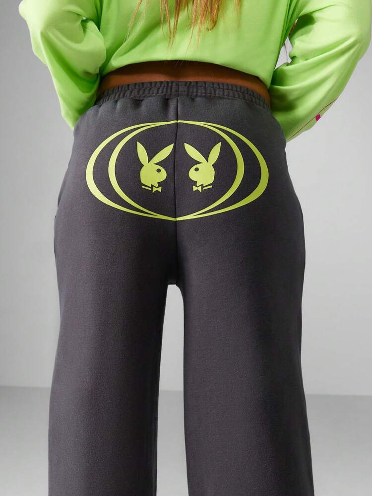 Missguided x Playboy Cotton Washed Graphic Jogger Sweatpants With Bunny Logo Print And Elastic Cuffs For Casual Comfort