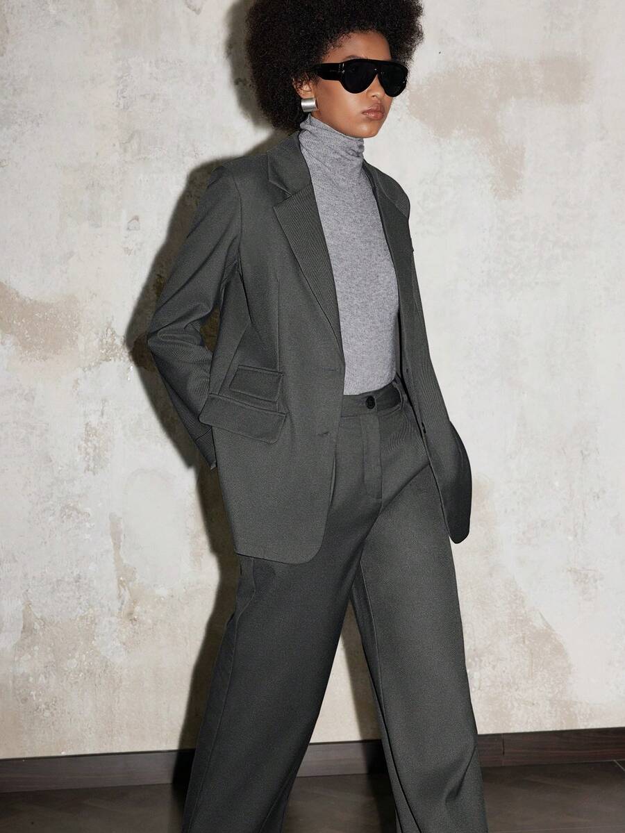 Lumivelle Women's Solid Color Lapel NeckLong Sleeve Jacket And Pants Casual Commuter Minimalist Suit Set - Dark Grey - View 1