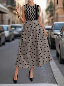 SHEIN Clasi Geometric Patchwork Polka Dot Print Sleeveless Round Neck Dress For Women, Suitable For All Seasons - Multicolor - View 5