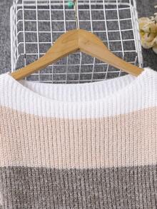 SHEIN 1 pièce Robe pull pour préadolescentes, style décontracté avec épaules dénudées et blocs de couleurs rayés, épaisseur régulière, ourlet net, manches retroussées, robe en tricot classique et polyvalente, tissu doux et agréable sur la peau, couleurs vives, ample et confortable, convient pour le port quotidien, les sorties, l'école, l'automne/l'hiver - Multicolore - Voir 7