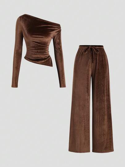 Sweetra Women's Autumn/Winter New Fashion Versatile Soft Velvet 2 Pieces Set, Brown Asymmetric Ruffle Long Sleeve Top & High Waist Loose Wide Leg Pants Suit