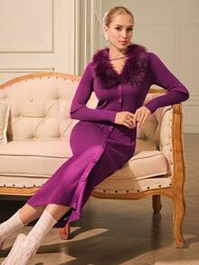 Aveloria Rosie French Retro Fur Collar Button Decor Long Sleeve Sweater Dress