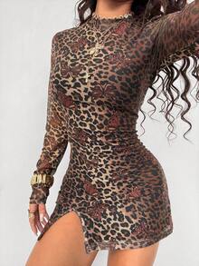 StreetHx Autumn/Winter Sexy Leopard Print Long Sleeve Split Mini Dress - Brown - View 4