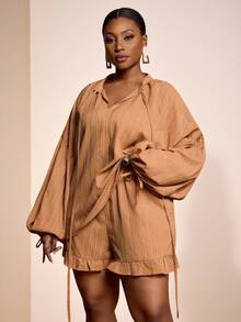 Veslaya 2025大码新款/复活节/西部/海滩/波西米亚/波西米亚风格女装/节日女装/狂欢节女装/复古风格女装/乡村音乐节女装/外出女装/仙女风格女装/节日女装/机场女装/西部女装/热带度假女装适合春夏季，春夏女士优雅通勤派对俱乐部街头装卡其色长袖短款上衣带荷叶边和口袋，休闲短裤两件套 - 卡其色 - 查看 5