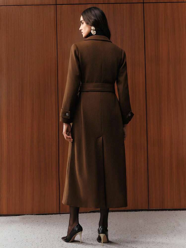 Casaco Longo Elegante Feminino de Lapela Dupla com Cinto, Marrom, Adequado para Outono, Inverno, Saída, Formal, Festa, Chique, Ano Novo, Natal, Trabalho, Formatura, Casamento