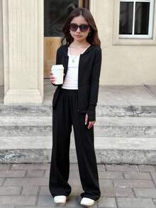 SHEIN Tween 女童纯黑色拉链连帽衫上衣夹克和阔腿裤两件套，适合春秋季休闲装和日常穿着 - 黑色 - 查看 5