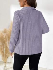 SHEIN LUNE Camiseta casual de punto acanalado con media cremallera y mangas raglán para mujer de talla grande - Morado - Ver 2