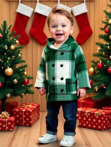 Baby Jungen/Mädchen karierte doppelreihige Kapuzenjacke aus Wollmischung in Mittellänge, lässig und vielseitig für Zuhause undOutdoorn, koreanischer Stil Baby Jungen Jacke in grünem Karomuster, Baby Jungen Jacke, Baby Jungen doppelreihige Jacke, Herbst Winter Kleidung für Kinder - Verschiedenfarbig - Übersicht 8