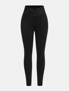 SHEIN Girlism 青少年女孩两件套女孩黑色纯色休闲基础款高腰简约修身休闲打底裤 - 黑色 - 查看 5