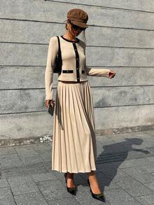 DAZY 女士优雅撞色开衫和百褶裙两件套，秋季 - 杏色 - 查看 6
