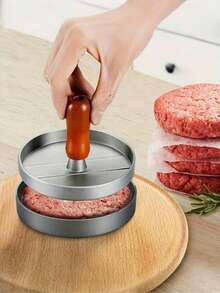 1Set Stainless Steel Hamburger & Patty Maker Mold With Wooden Handle, Non-Stick - Includes 100pcs Patty Papers