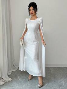 Elenzga Vestido de mujer elegante con decoración de lentejuelas, cuello redondo, ajustado a la cintura y con bajo de cola de sirena, adecuado para banquetes y fiestas - Blanco - Ver 5