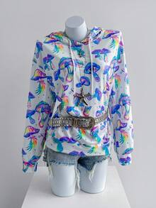 SHEIN Unity Sudadera con capucha de hombros caídos y cordón sin cinturón con estampado total - Blanco - Ver 5