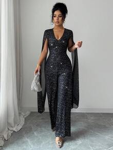 Rafferiza Bộ đồ liền thân tay dài cổ chữ V đính sequin gợi cảm cho nữ - màu đen - Xem 6