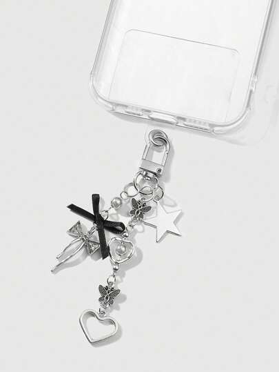 Kawaii 1pc Y2K Stylish Minimalist Versatile High-Quality Silver Chain Star Butterfly Rhinestone Woven Bow CCB Hollow Heart Decor DIY Keychain, Bag Charm, Phone Charm, Cup Charm, Earphone Charm, Comes With Phone Holder & Heart Sticker, Suitable For Women, Girls, Daily Wear, Holiday Gift