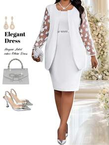 Fleurora Spring And Summer Autumn And Winter Elegant Commuting Office Modest Party Wedding Cocktail Party Concert/Music Festival White Knitted Embroidery Scoop Neck Midi Long Sleeve Plus Size Dresses Plus Size Co-Ords  White Dress White Dresses For Women Elegant Dresses For Women Elegant Dresses For Ladies Elegant Women's Set New Year Outfit New Year Women's Clothes Look  Clothes For Setup Autumn Winter Women Women's Summer Set Women's Summer Two-Piece Sets - White - View 1