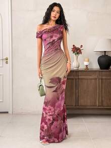 EastFlair Váy đuôi cá ôm sát cổ bèo nhún họa tiết hoa thanh lịch dành cho nữ, phong cách nghỉ dưỡng - Nhiều màu - Xem 1
