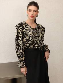 Modelyn Blusa de mujer de manga larga con cuello en V, manga acampanada, estampado de leopardo y volante en el bajo - Multicolor - Ver 6
