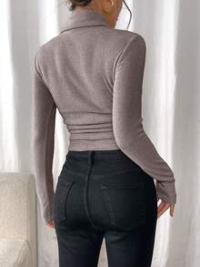 SHEIN Frenchy Áo thun nữ cổ lọ tay dài màu trơn, dáng ôm, dáng ôm - màu nâu - Xem 2