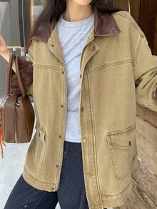 DAZY Women's Loose Casual Street Style Patchwork Contrast Color Retro Denim Jacket, Autumn/Winter - Khaki - View 8