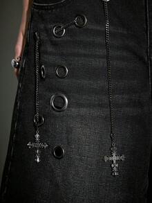 ROMWE Avant 复古做旧镂空设计宽松低腰牛仔短裤（男女通用） - 黑色 - 查看 6