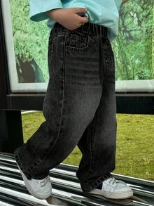 Dazy Kids Young Boy Elastic Waist Pocket Loose Straight Leg Jeans - Grey - View 2
