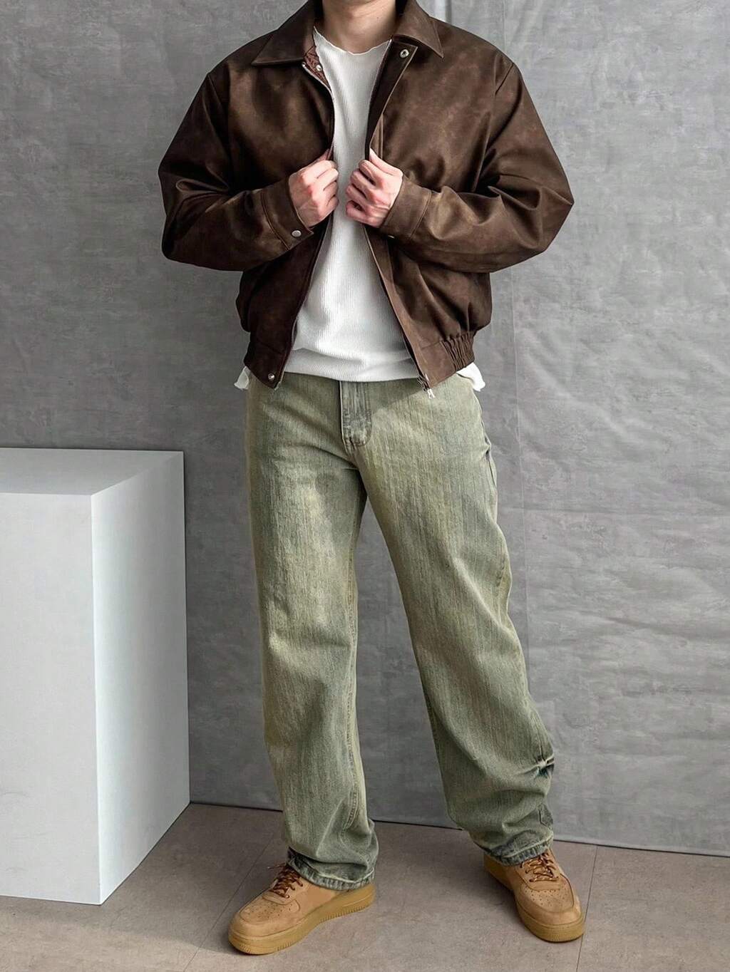Autumn Men's Distressed Yellow Bamboo Striped Washed Denim Jeans, Streetwear Style
