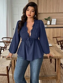 SHEIN LUNE 大码女式撞色蕾丝深V领系带灯笼袖性感时尚衬衫 - 藏蓝色 - 查看 5