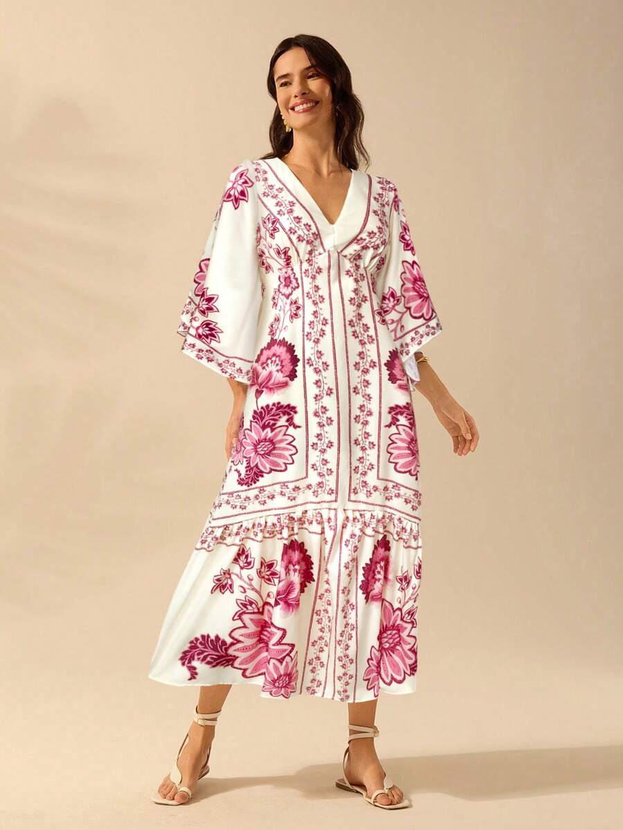 CAJUNI Váy maxi mùa hè hở lưng, cổ chữ V, tay cánh dơi, họa tiết hoa nhiệt đới theo phong cách Bohemian dành cho nữ, màu đỏ, váy maxi mùa hè, phong cách trang trại. - Hồng - Xem 1