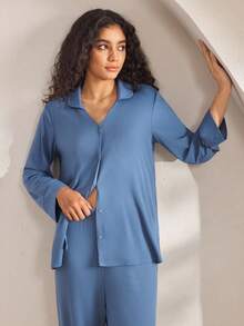 Ocili Damen Einfarbiges Langarm Einreihiges Top und Hose Pyjama Set, Winterkleidung - Blau - Übersicht 5