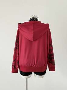 Sunspun Áo sweatshirt nữ cỡ lớn in hình đầu lâu, tay dài, vai rớt, khóa kéo phía trước, kiểu dáng casual, màu tối. - Màu Đỏ Sâu - Xem 2