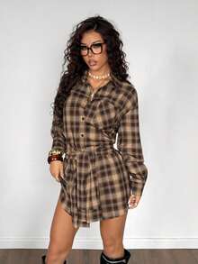 StreetHx 女式复古格子街头休闲 Y2K 学院风长袖系带衬衫裙，秋冬 - 彩色 - 查看 6