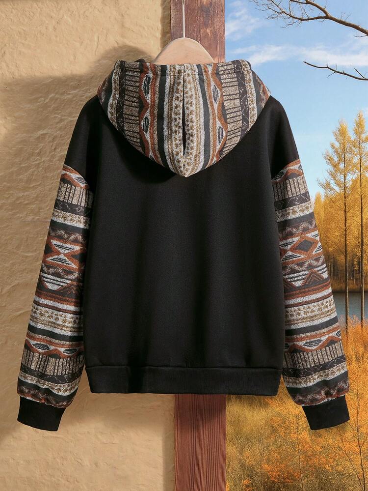 Damen Große Größen Geometrisches Muster Thermisch gefütterter Pullover mit Raglanärmeln, Lässig Kapuzenpullover mit Kordelzug für Herbst und Winter, Schwarz gemusterter Ärmel Sweatshirt, Gemütlicher Landhausstil für Herbst und Winter
