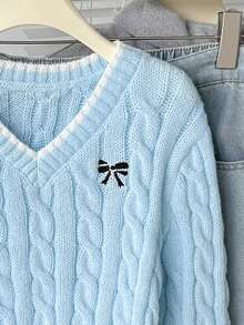 SHEIN 少女休闲蝴蝶结刺绣撞色滚边毛衣，秋季 - 藍色 - 查看 5