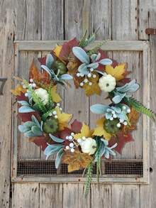 1 pieza Corona de calabaza y follaje otoñal - Decoración de puerta de plástico con hojas de otoño vibrantes, perlas falsas blancas y verdor - Perfecta para Halloween, Acción de Gracias y decoración del hogar de temporada, acento festivo para la puerta, diseño otoñal, hojas de plástico, decoración del hogar de temporada, decoración de otoño, corona artificial Decoración de Halloween Decoración de habitación Decoración de otoño - Multicolor - Ver 6