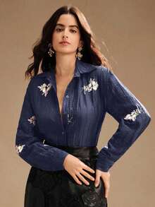 Anewsta 女式纯色纹理花卉刺绣落肩衬衫 - 藏蓝色 - 查看 6