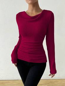 Almamuse Vintage Asymmetrical Draped Neck Textured Ruched Fitted Long Sleeve T-Shirt - Rose Red - View 3