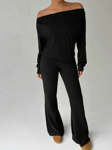 FavEase 露肩长袖宽松短款上衣和低腰抽绳系带喇叭腿复古裤套装，简约休闲纯色风格，适合秋季女士 - 黑色 - 查看 3