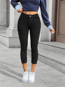 Flexra Women's Solid Color Elastic Skinny Pocket Casual Capri Jeans - Black - View 3