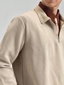 Officeau 1 pieza Camisa polo de cuarto de cremallera para hombre, esencial para volver a la escuela en otoño/invierno, textura de espiga de espiga de punto jacquard, perfecta para vacaciones y uso casual, estilo de moda mejorado, otoño, dinero viejo primavera a verano - Caqui - Ver 8