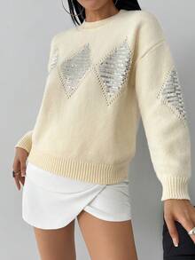 Modelyn Women's Autumn/Winter Sequin Embroidered Diamond Pattern Pullover Sweater, Fashionable & Elegant Casual Versatile Knitwear - Apricot - View 6