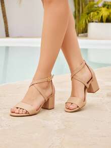 Sandalias de mujer ante negro tiras cruzadas hebilla tacón grueso estilo elegante fiesta primavera verano calzado - Camel - Ver 3