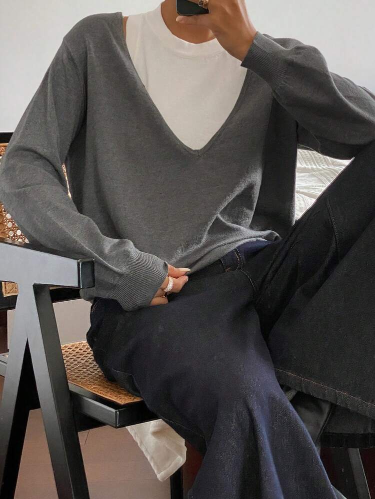 2pcs Women Casual Solid Color Knitted Sweater Vest Set, Autumn/Winter